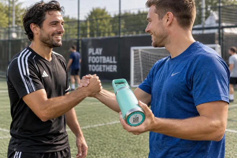 One five-a-side player handing a water bottle back to another at the pitch, the ReturnMePlz label visible on its base