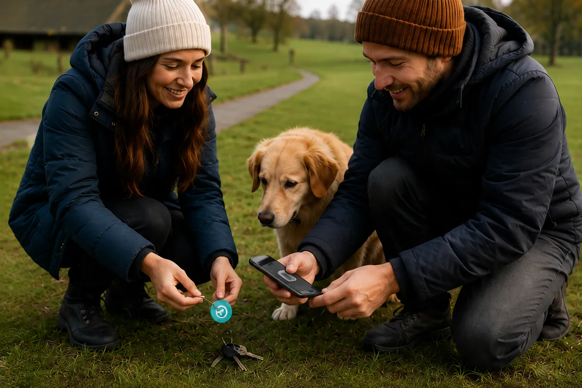 Two dog walkers crouching in a park to scan the ReturnMePlz tag on a set of keys in the grass, their retriever beside them