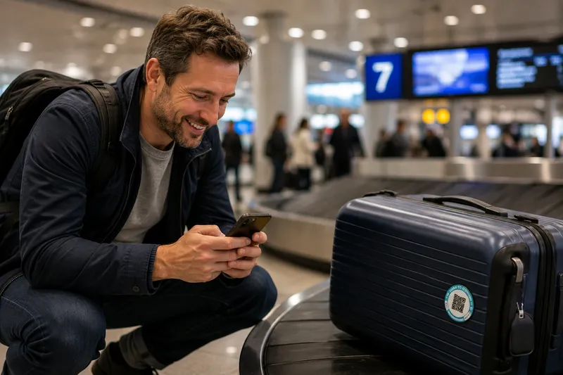 A traveller scanning the ReturnMePlz tag on his suitcase at an airport baggage carousel