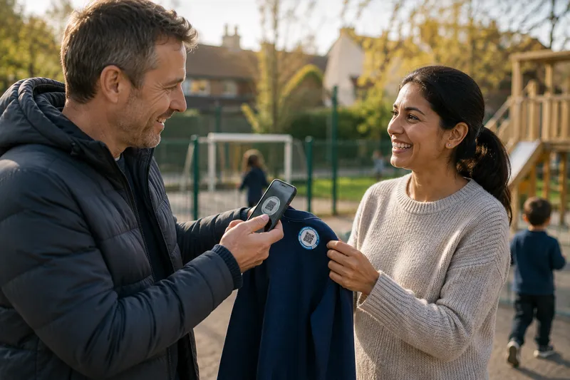 A parent handing a returned school PE kit back to another parent at the playground