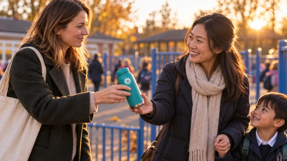 The parent handing the bottle to another parent at the school gate in low sun
