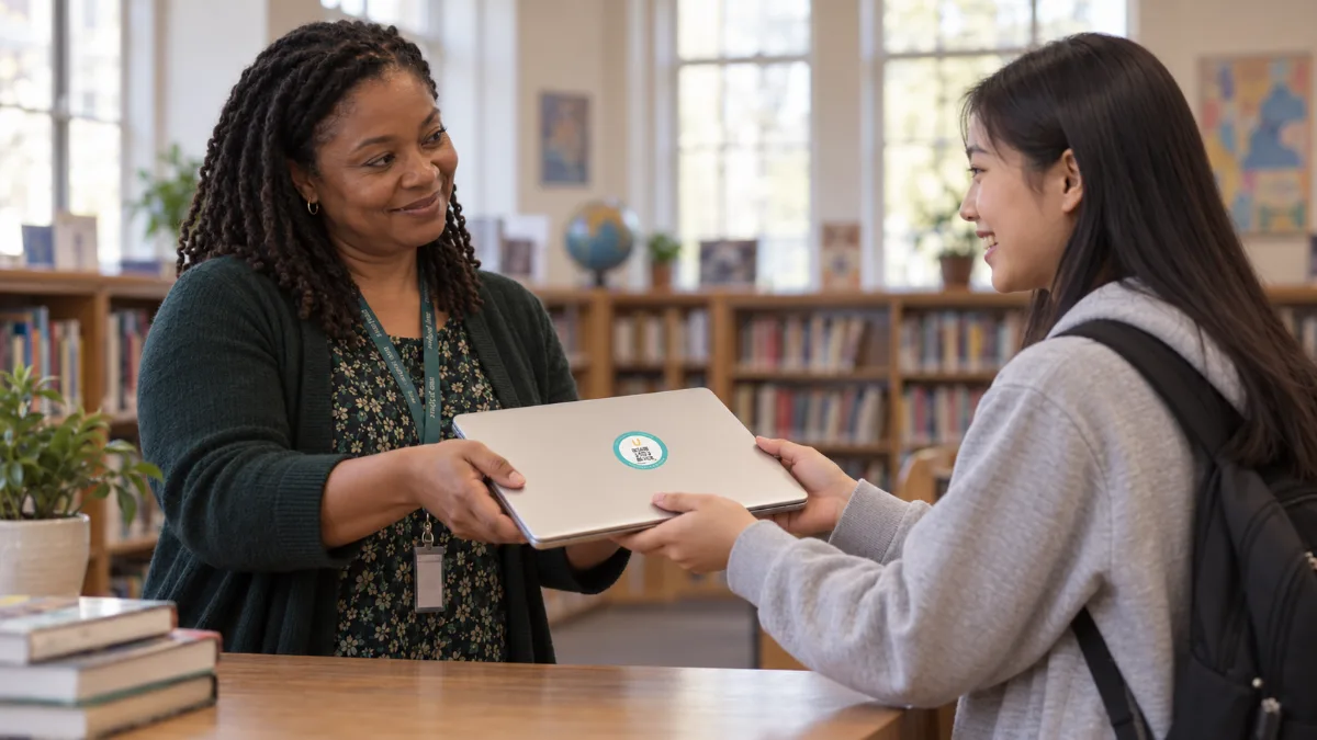 The librarian handing the laptop back to a student