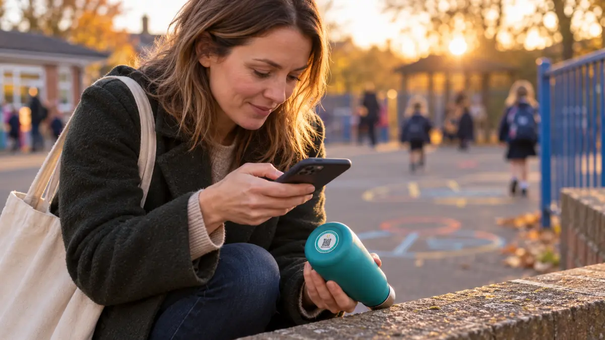 A parent scanning the ReturnMePlz label on the base of a water bottle on a low wall