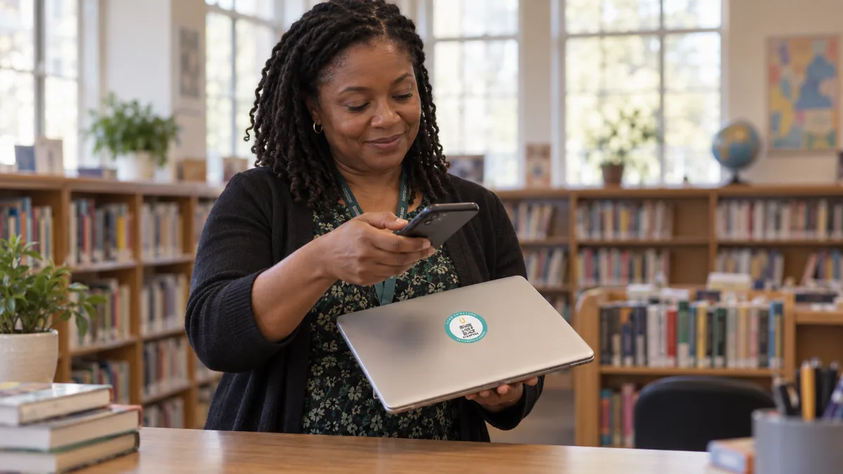 A librarian scanning the ReturnMePlz sticker on a laptop lid at the library desk