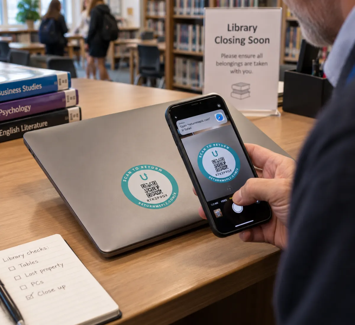 Scanning the ReturnMePlz sticker on a laptop left on a library table